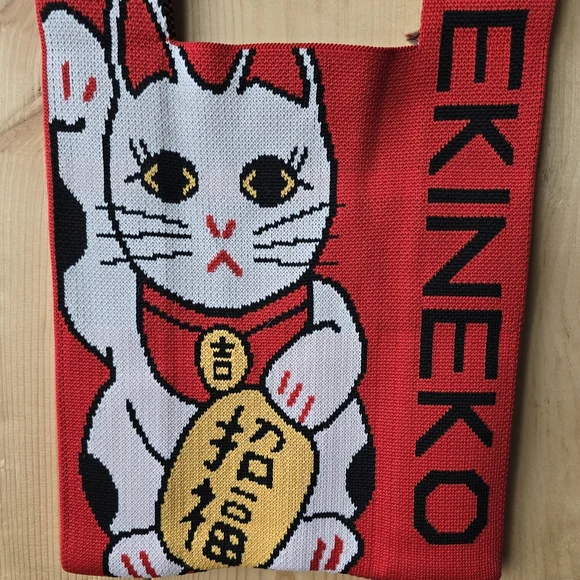 Manekineko Lucky Cat Red Knit Soft Tote Bag Small - Picture 5 of 7